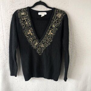 Vintage Michelle Stuart Sweater Womens 8 Black V Neck Embroidered Angora 80s